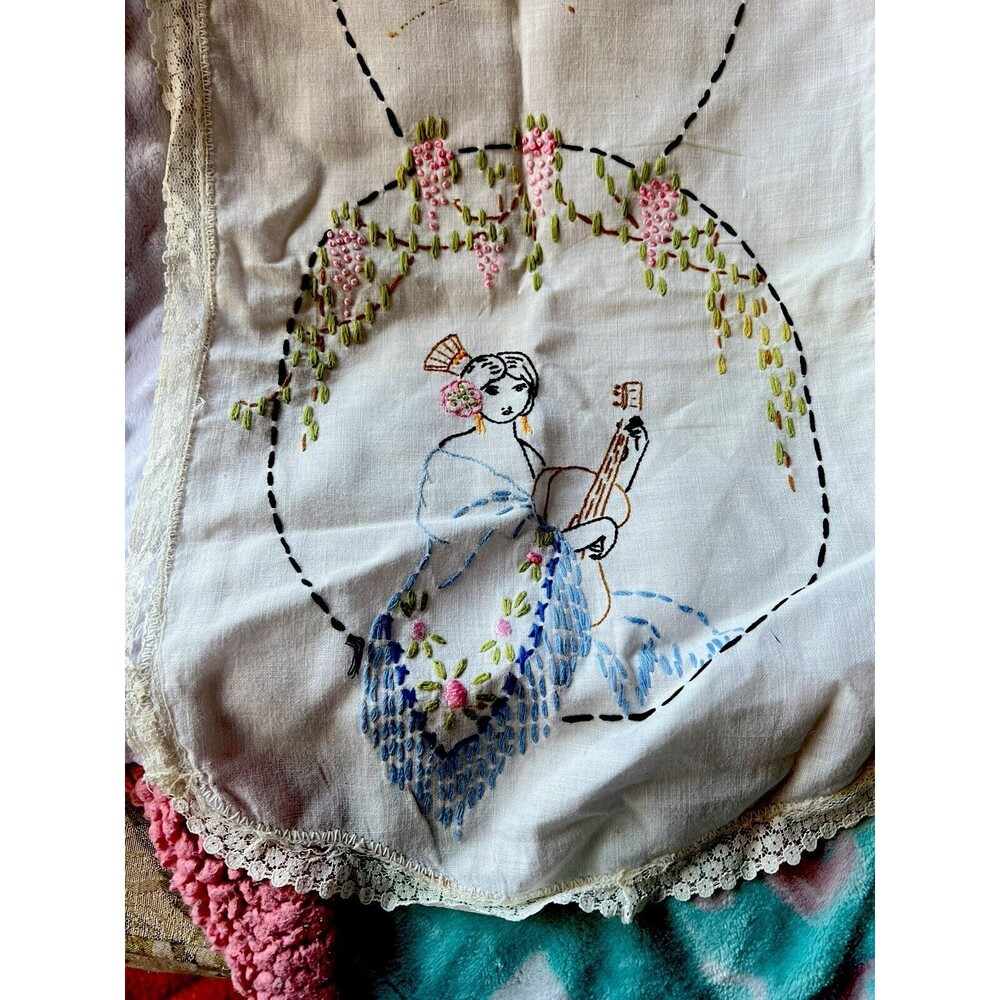 Vintage Runner White Linen Needlepoint Cross Stitch Woman Playing Instrument